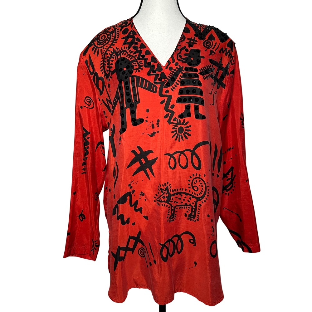 VTG Womens Red Artsy Boho Silk Tunic Blouse Top Medium Abstract Graffiti Unique‎